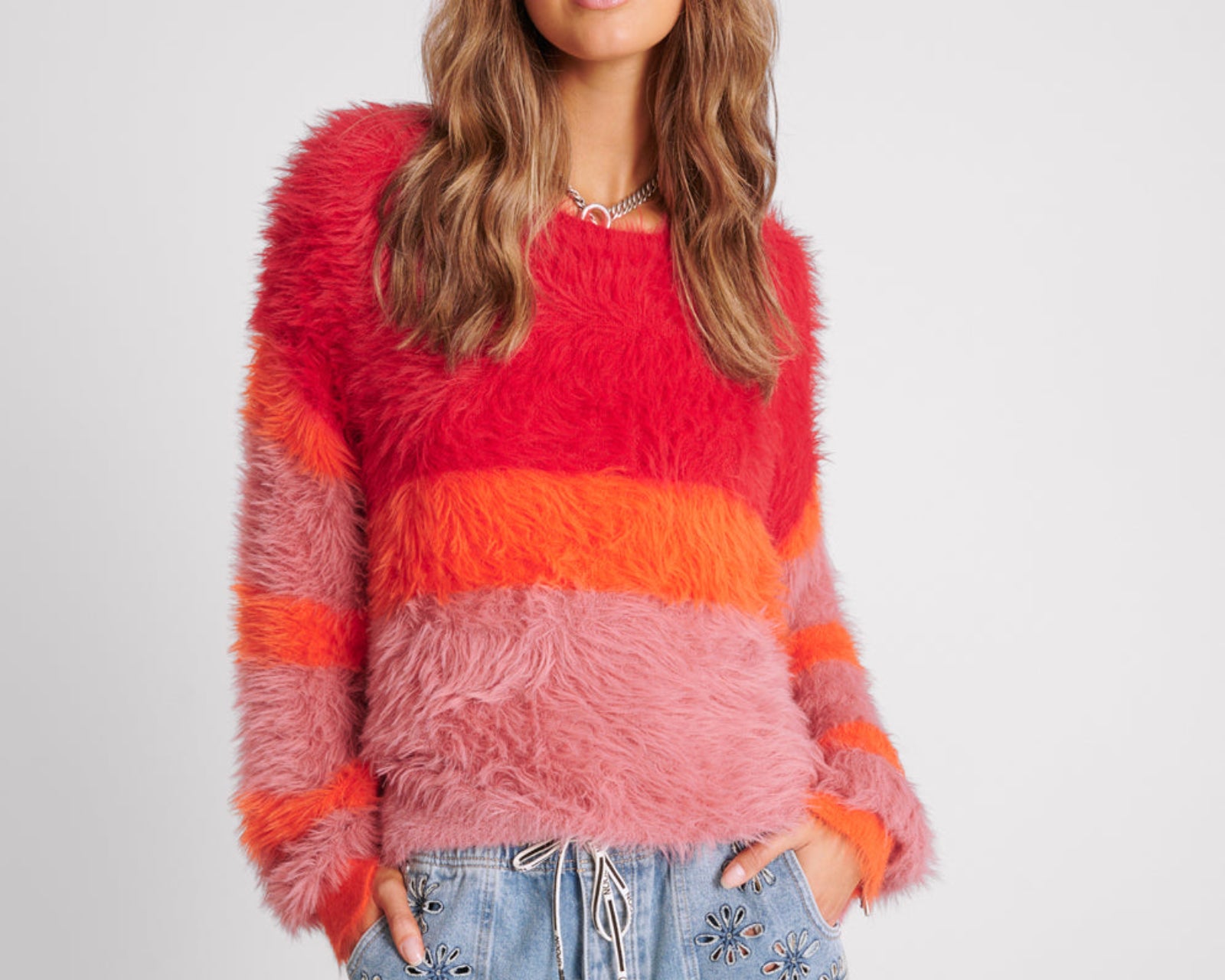 Fluffy Colour Block Sweater - Sunset