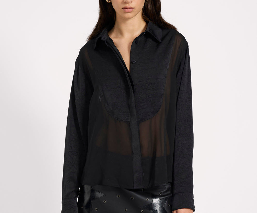 Sheer Panel Tuxedo Shirt - Black