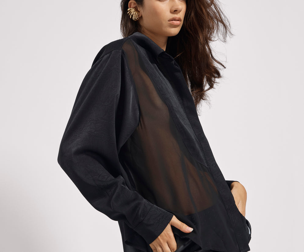 Sheer Panel Tuxedo Shirt - Black