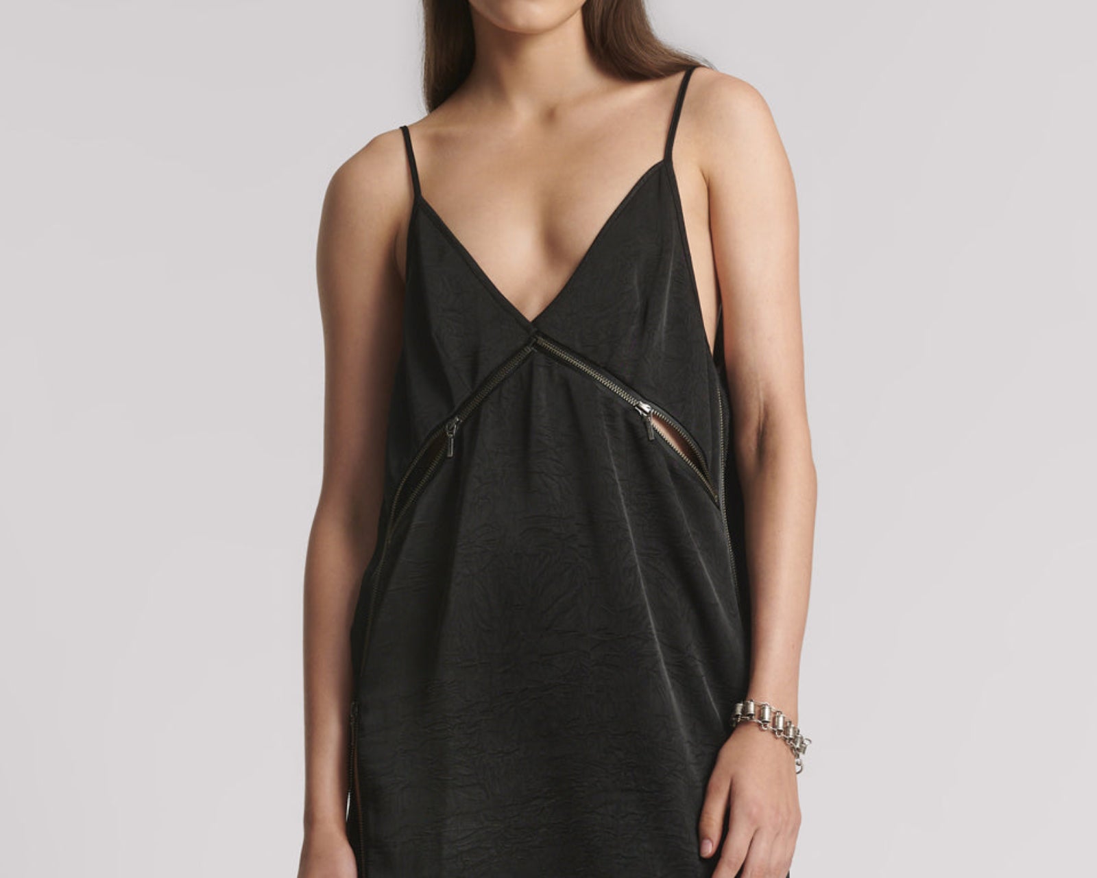 Courtney Zipped Up Satin Slip Mini Dress - Black