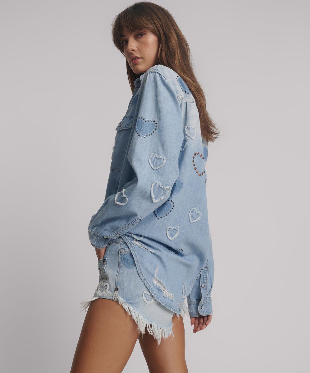 Outlet Everyday Studded Denim Shirt - Blue Heart