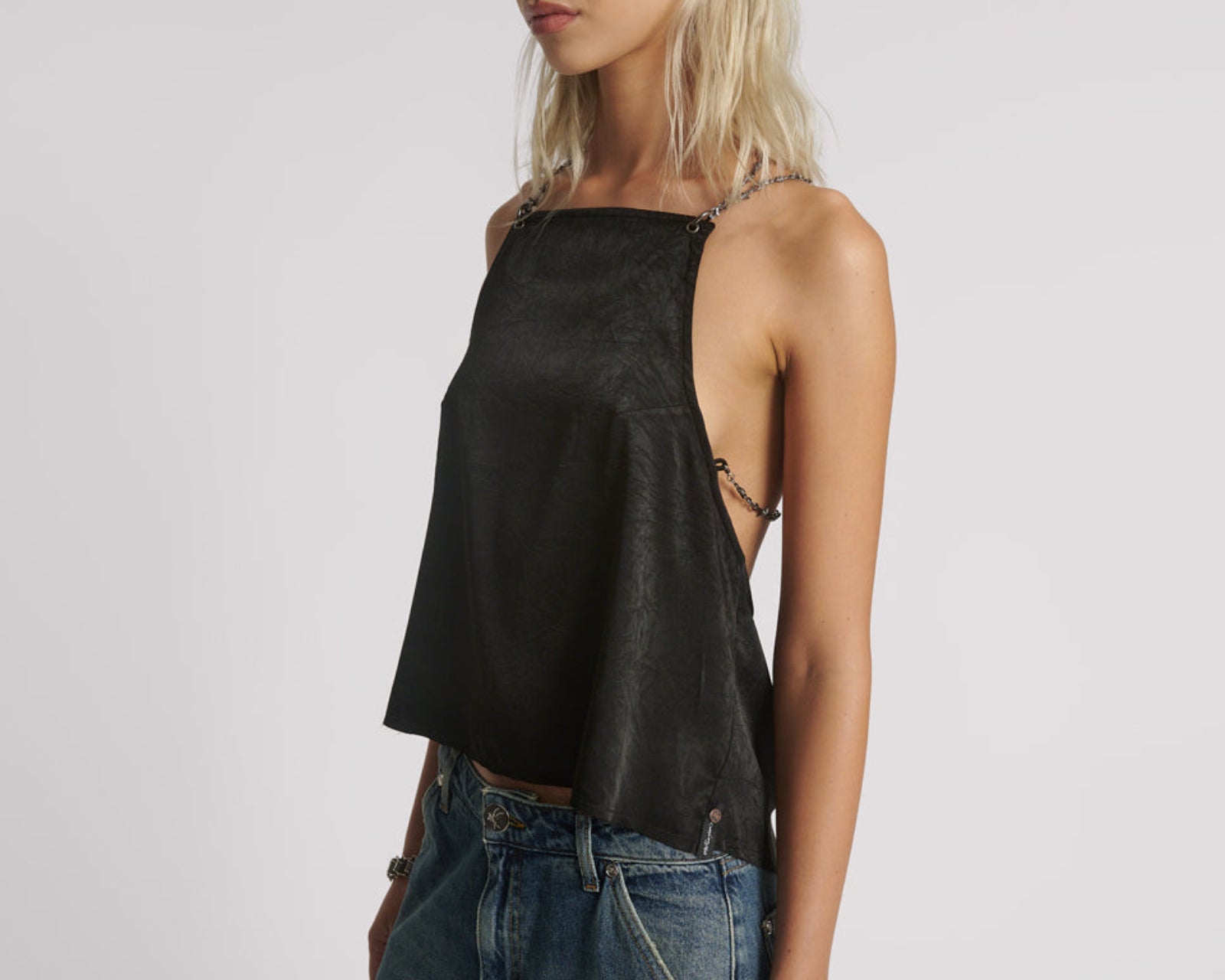 Heaven Chain Satin Backless Top - Black