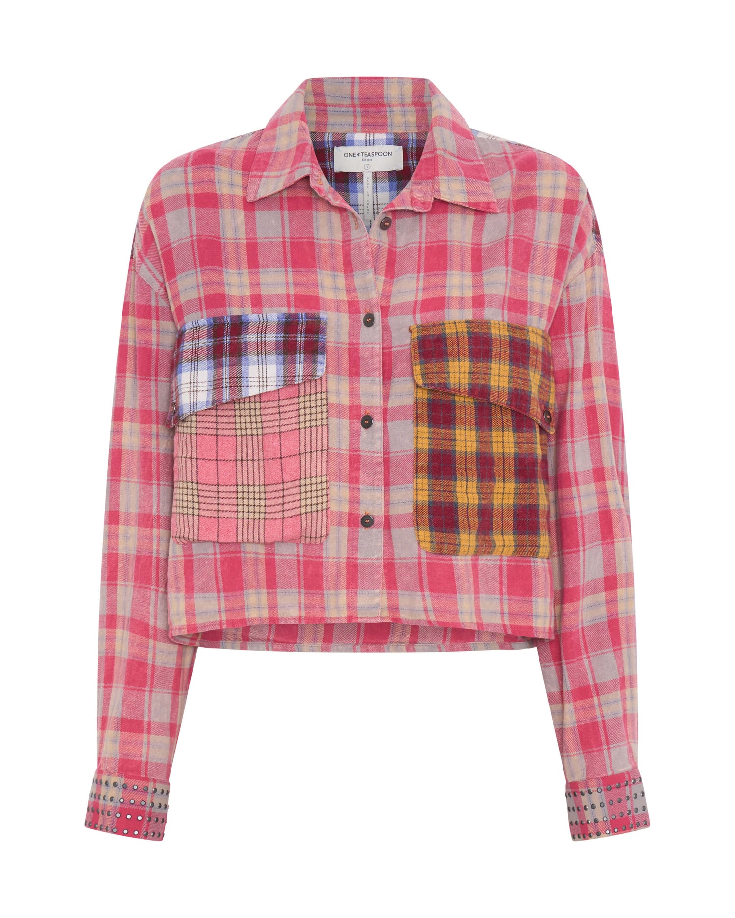 Products Flannel Oversized Pocket Cropped Shirt - Pink
