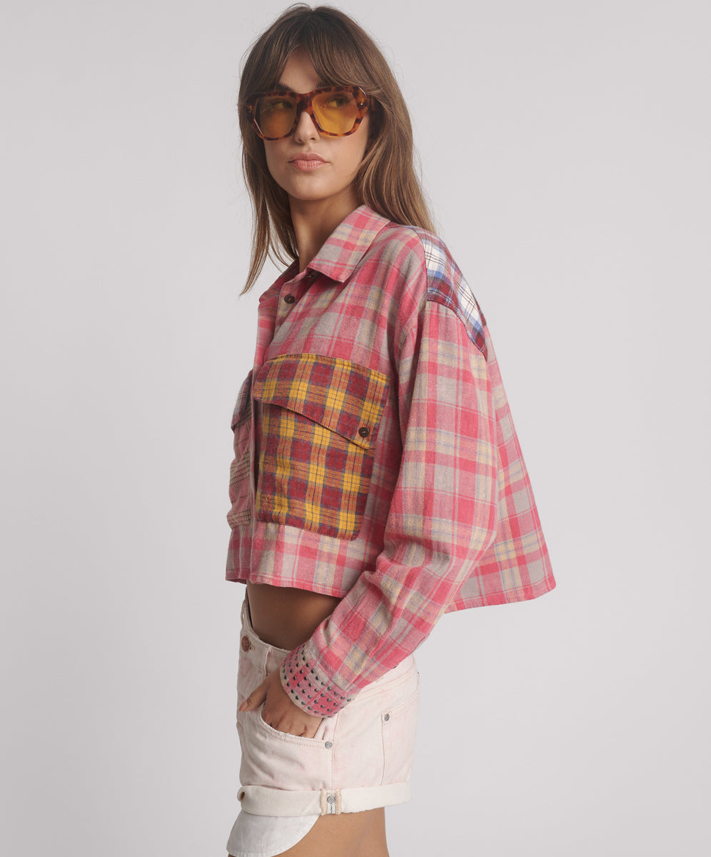 Products Flannel Oversized Pocket Cropped Shirt - Pink