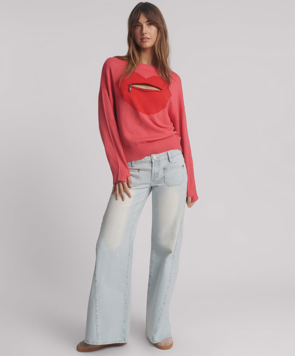 Lips Of Love Zip Front Valentines Sweater - Pink | One Teaspoon