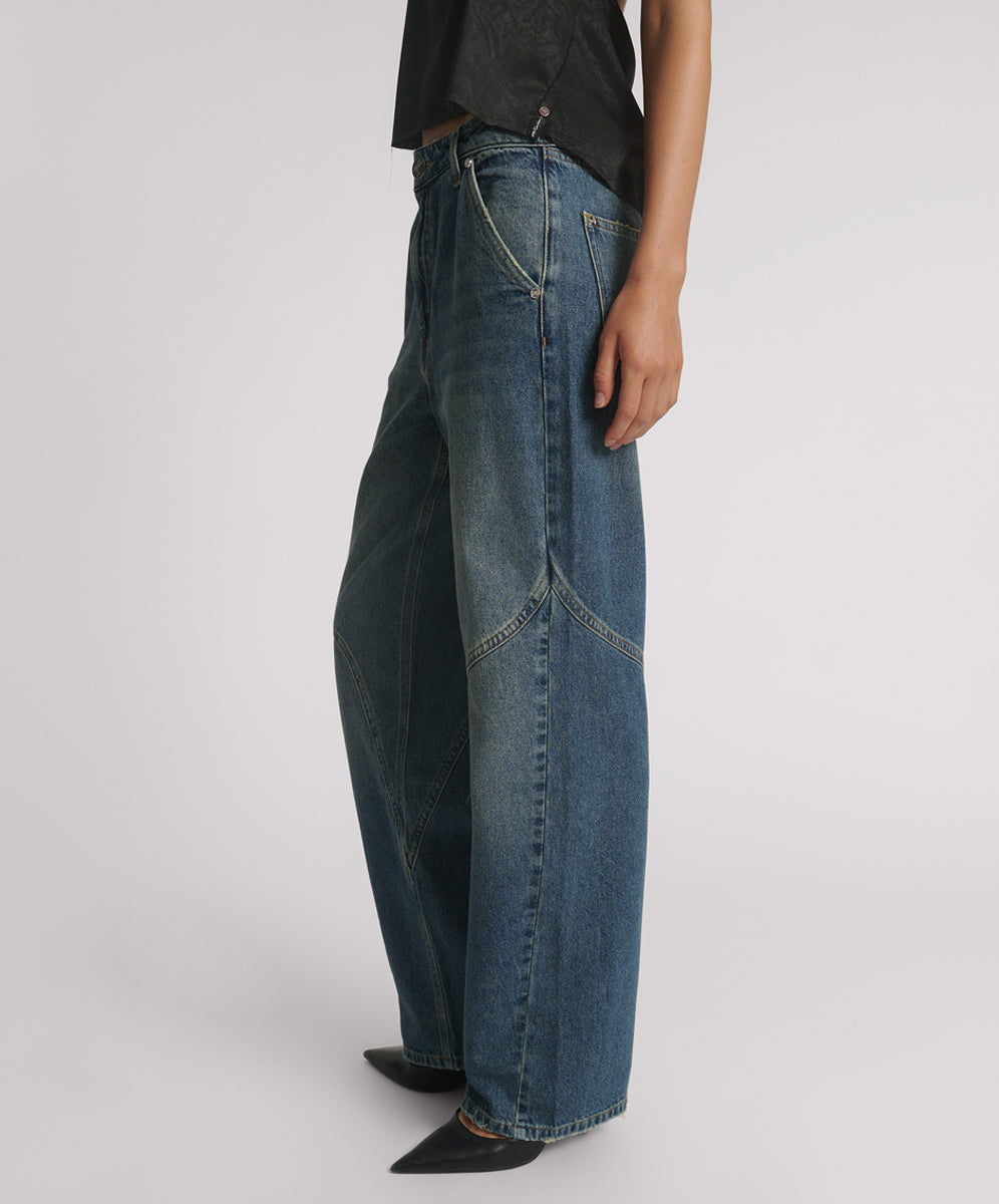 【WONDER WONDER】Hammer Stitch Unbalanced Denim L Wide Pt Jeansy PINKO Wanda wide leg strzępione niebieskie - EGO IST IN