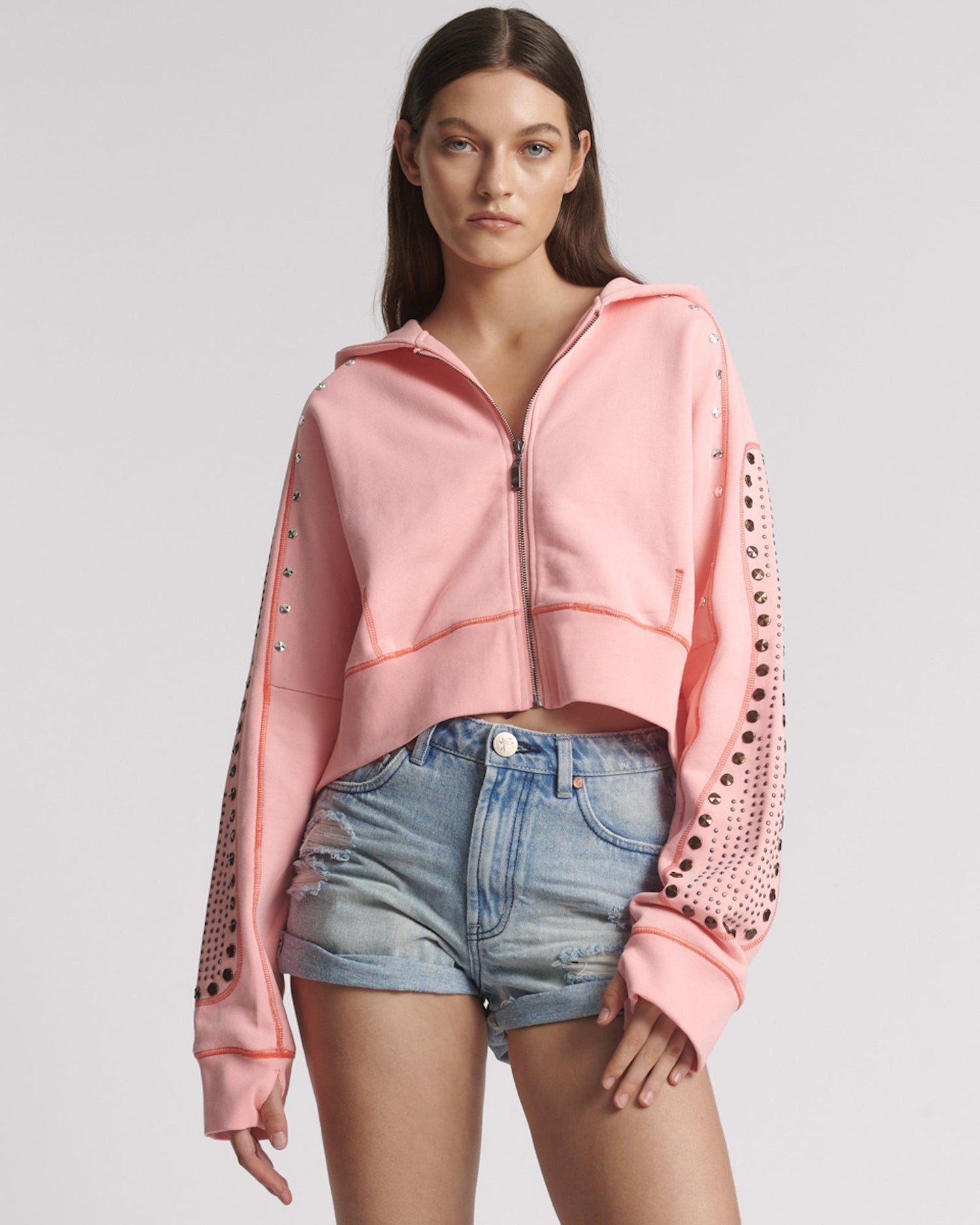 Valentine's Day Shop Studded Cropped Sweater Hoody - Candy Coral Pink