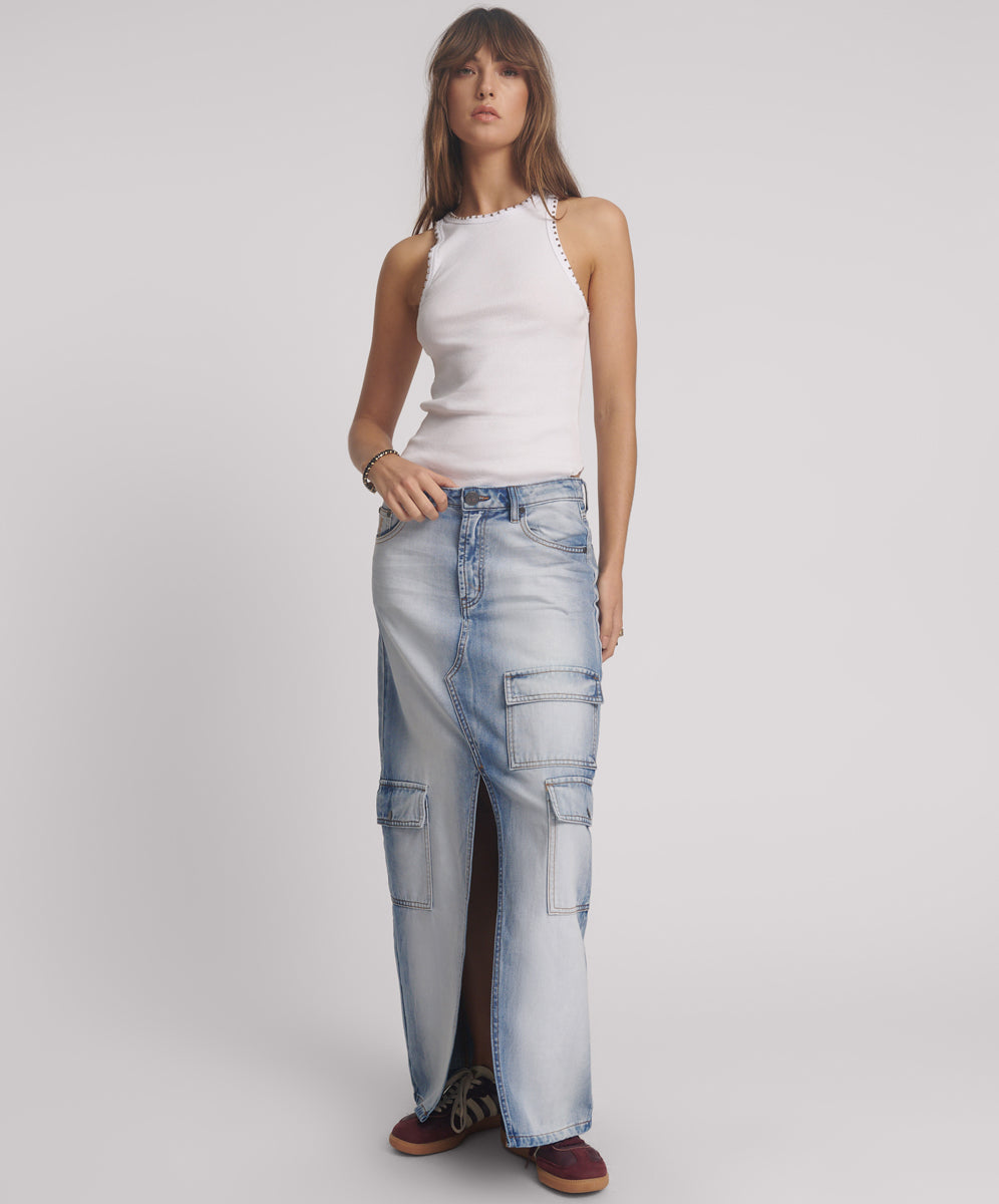 Products Epic Cargo Mid Waist Maxi Denim Skirt - Blue Summer
