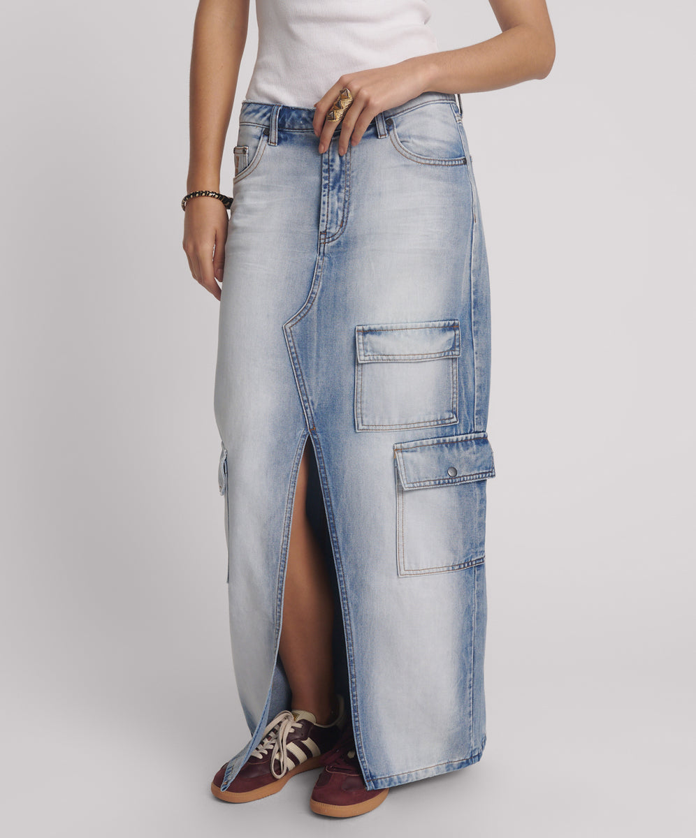 Products Epic Cargo Mid Waist Maxi Denim Skirt - Blue Summer