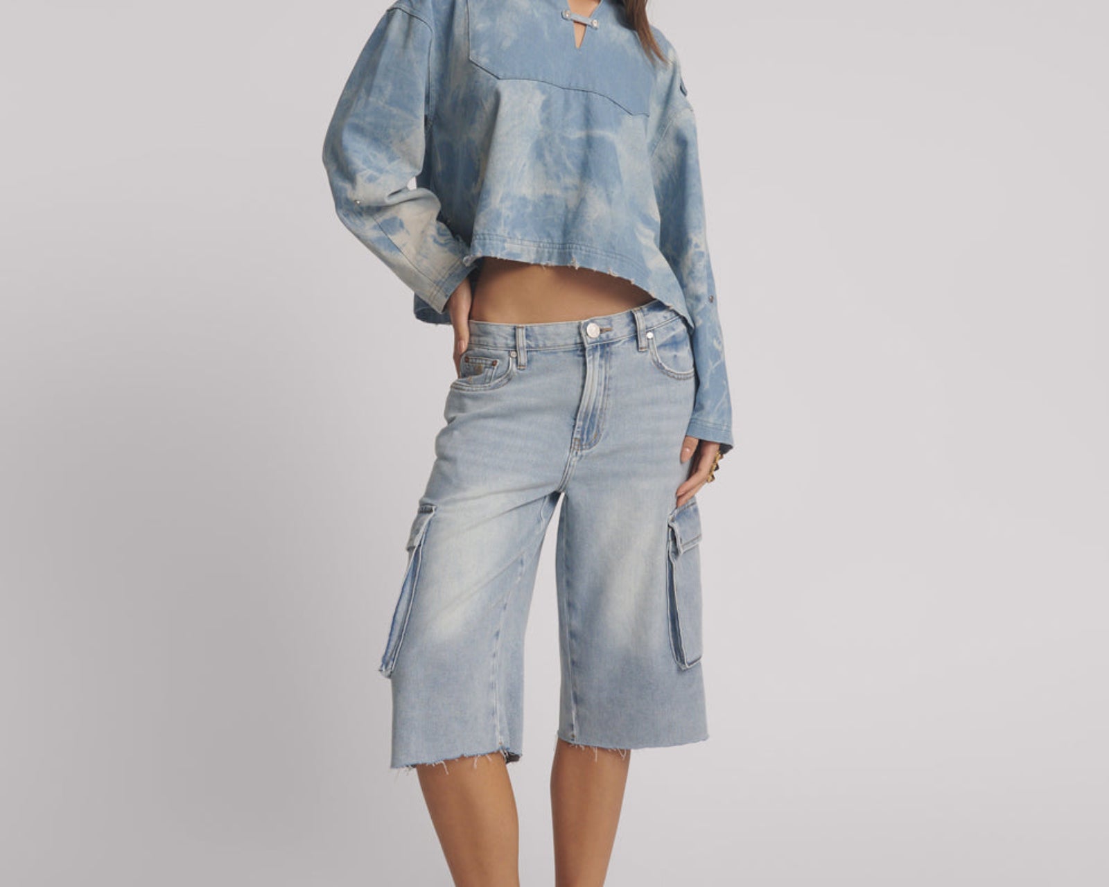Skater Girl Low Waist Super Long Leg Denim Jorts - Soft Blue