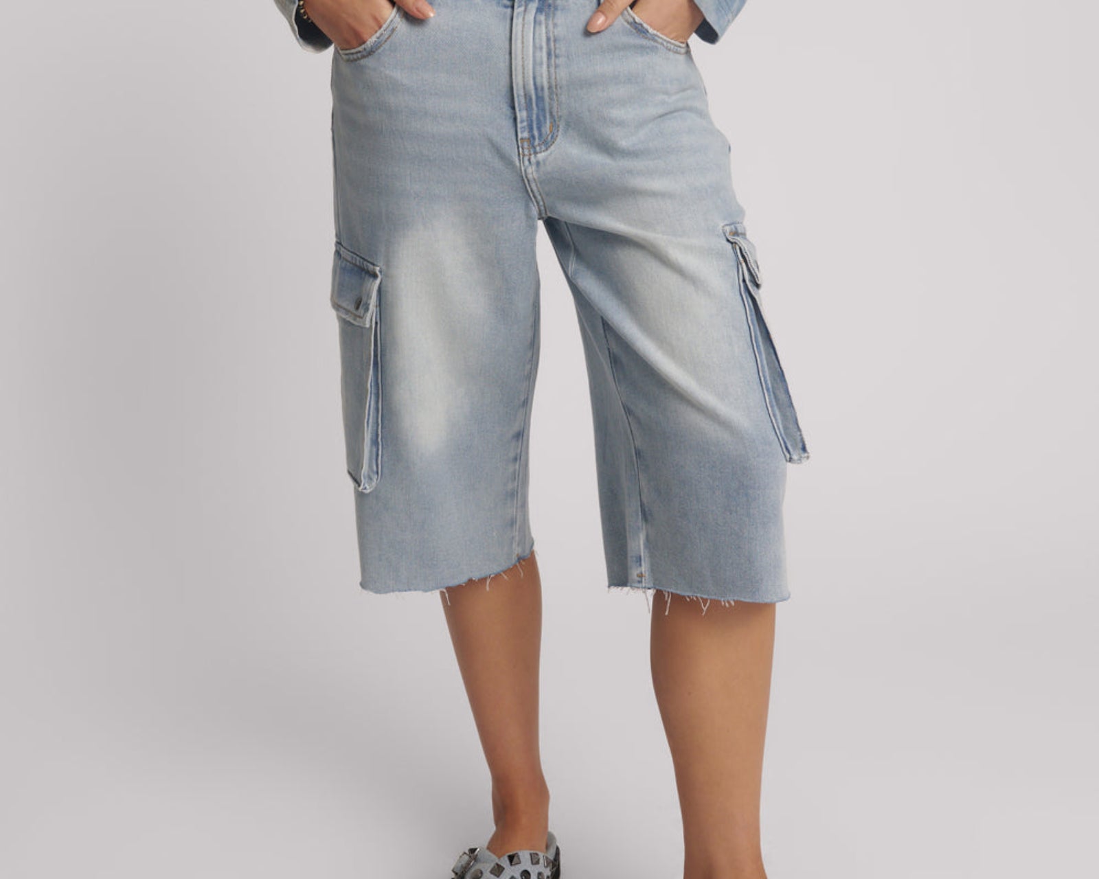 Skater Girl Low Waist Super Long Leg Denim Jorts - Soft Blue