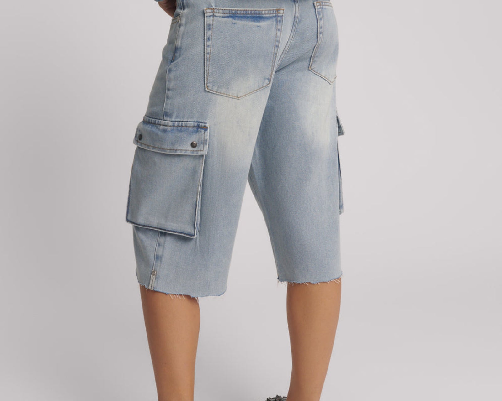 Skater Girl Low Waist Super Long Leg Denim Jorts - Soft Blue