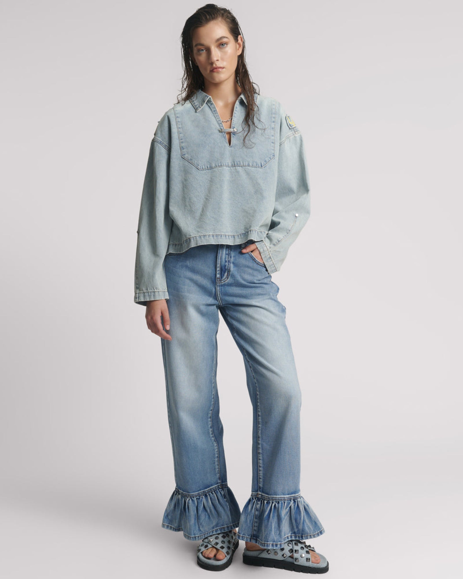 Retro Pullover Denim Shirt - Soft Blue | One Teaspoon