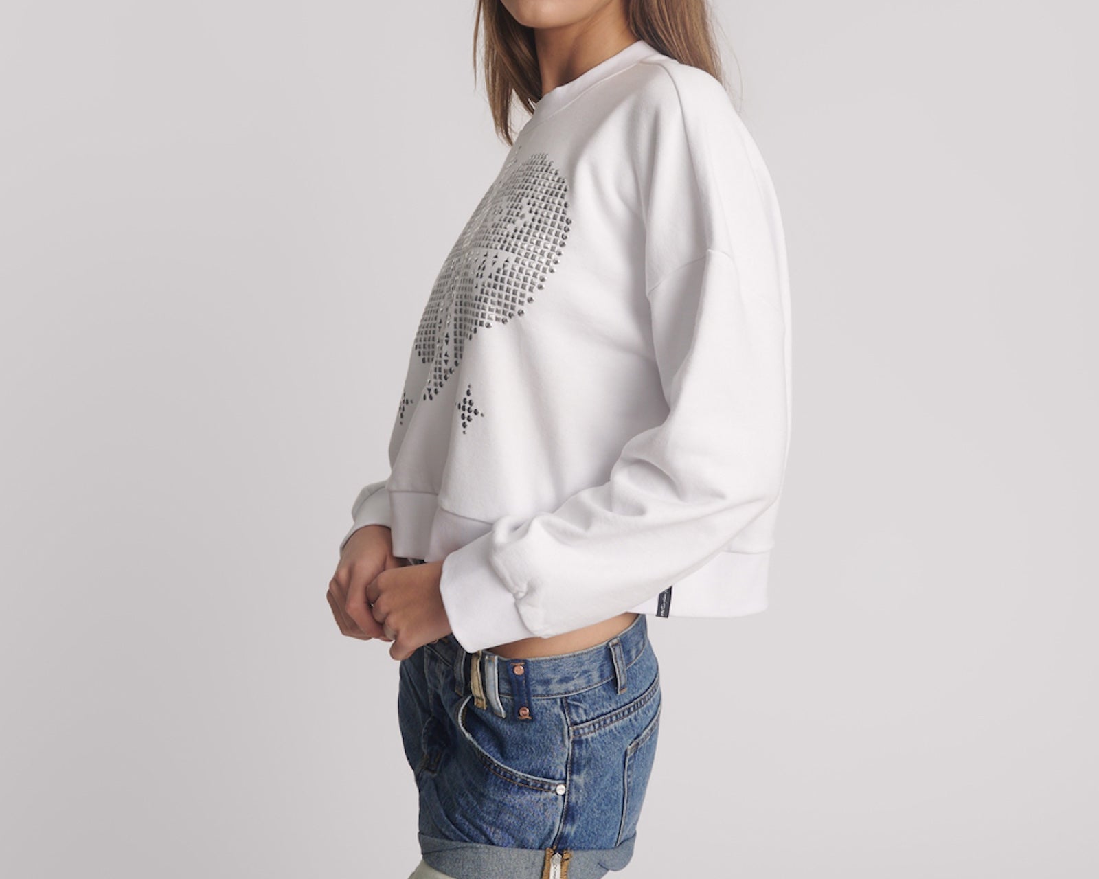Studded Heart Cropped Sweater - White