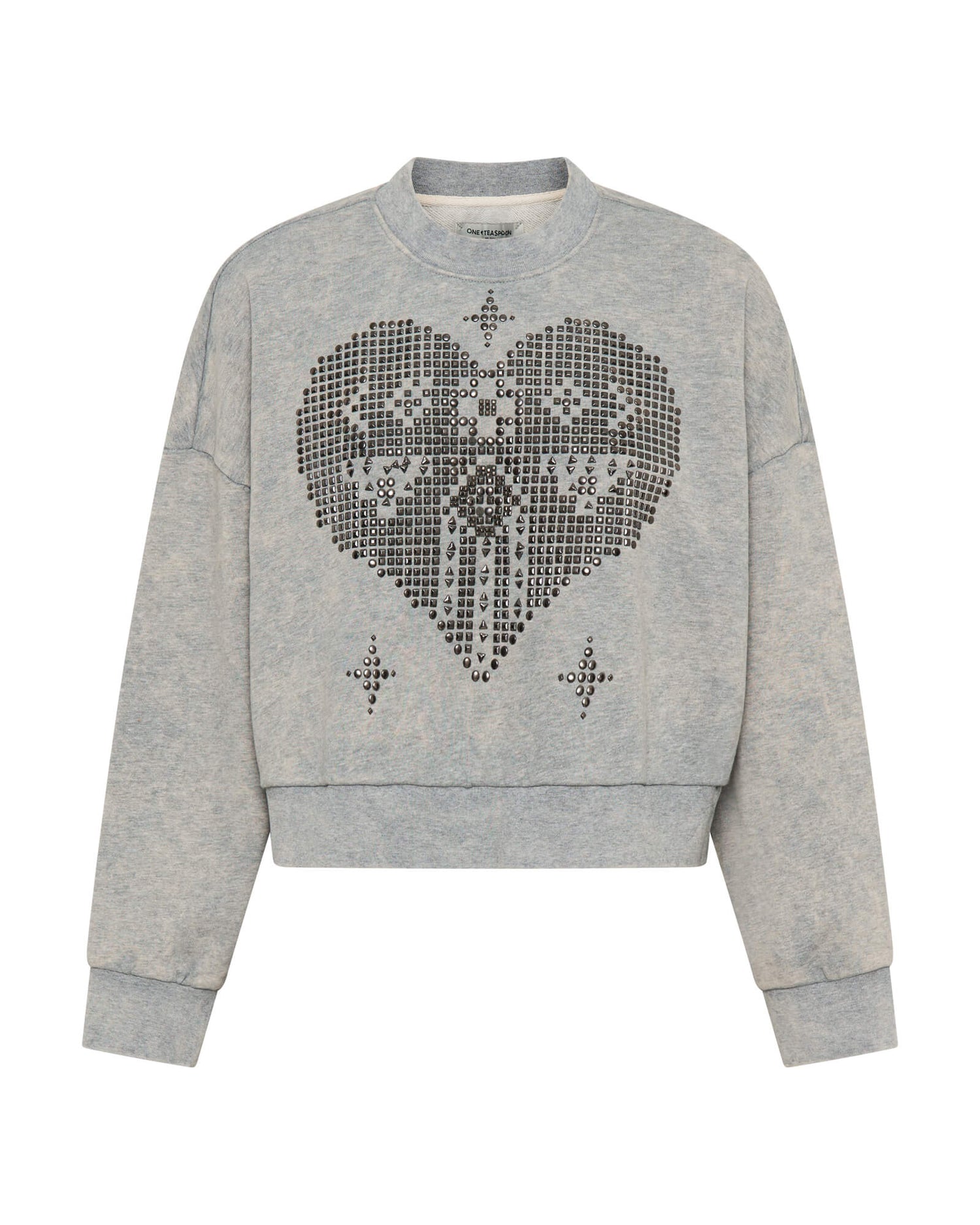 Studded Heart Grey Cropped Sweater - Grey Marl