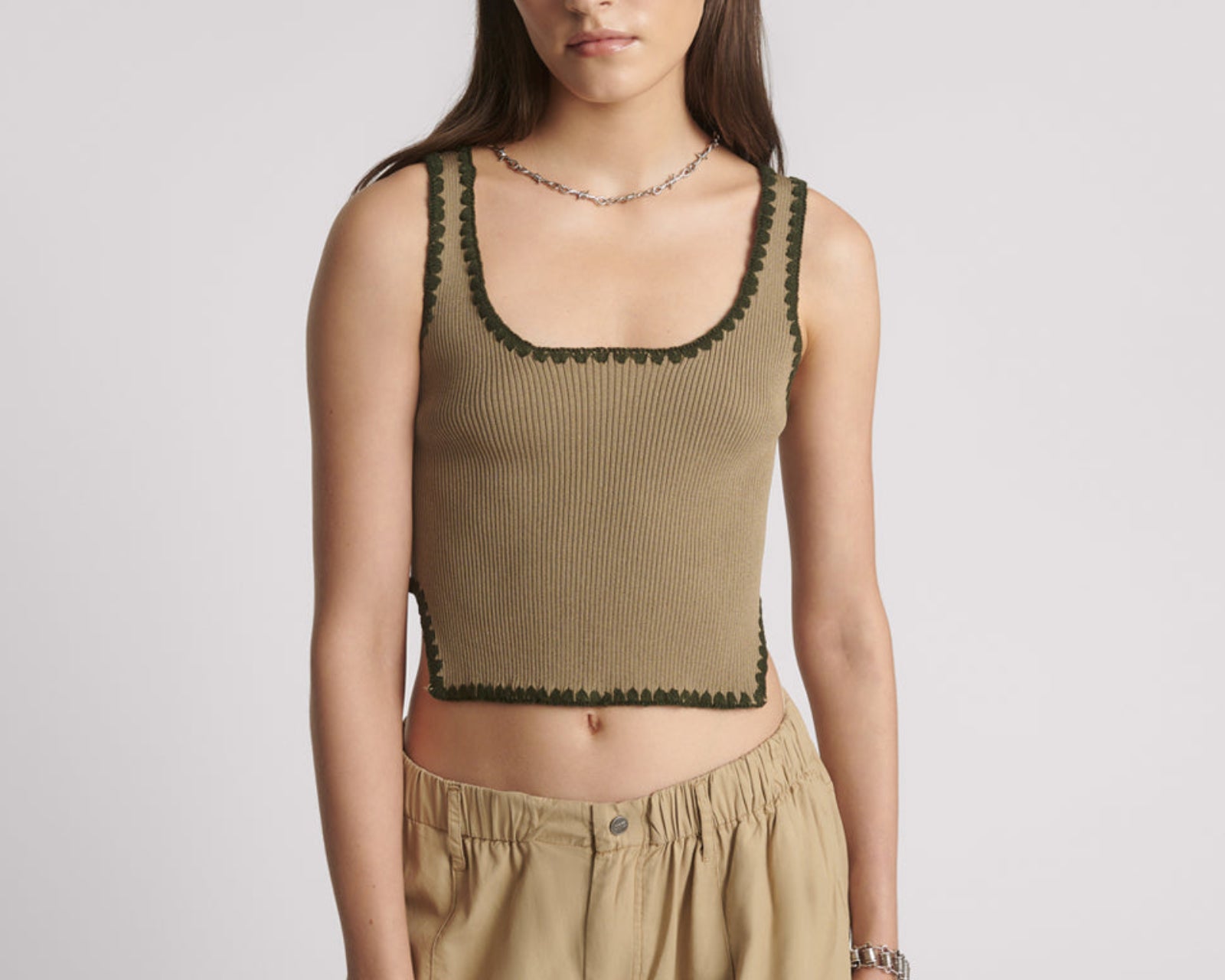 Knitted Scallop Tank Top - Khaki