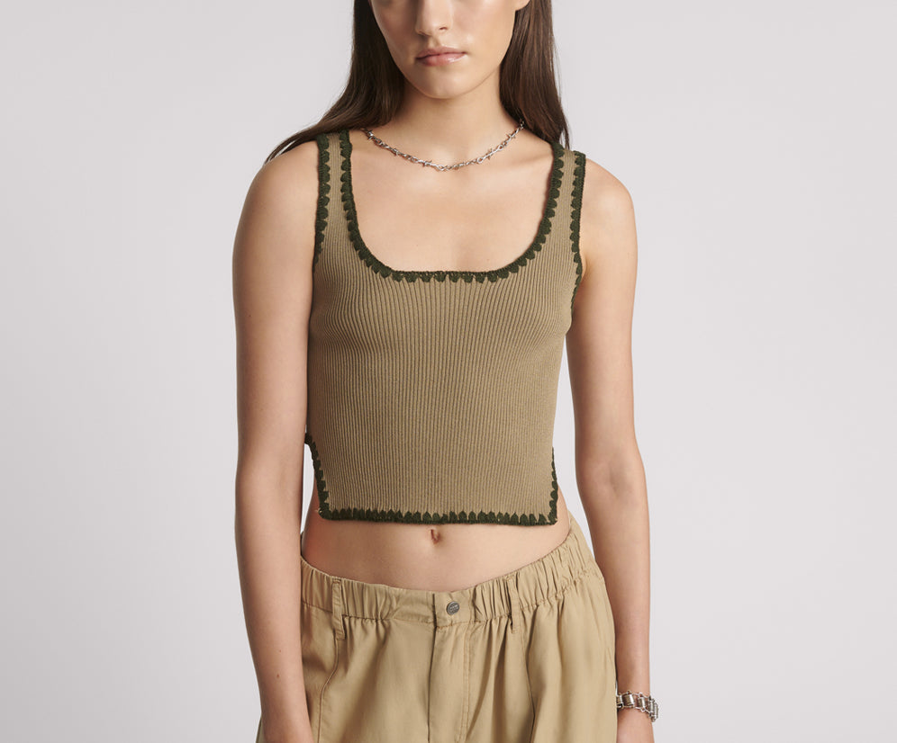 Knitted Scallop Tank Top - Khaki