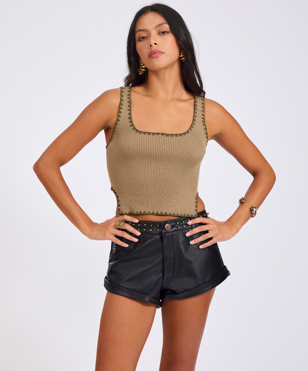 Rebel In Bloom Knitted Scallop Tank Top - Khaki