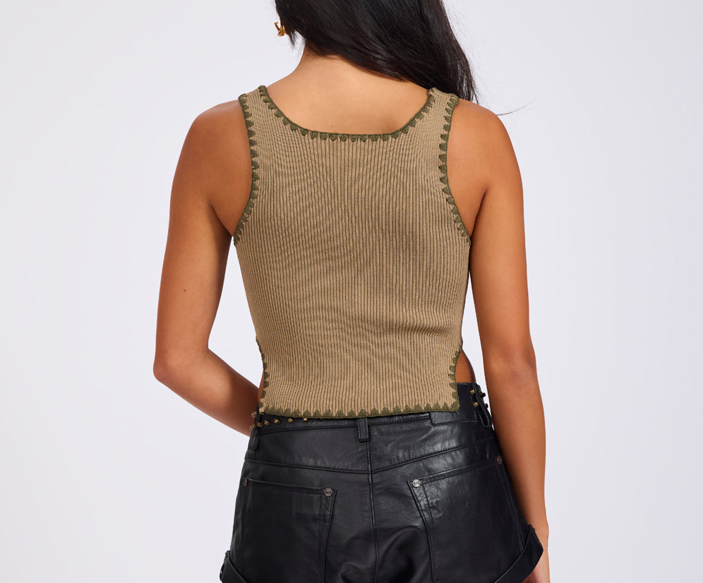 Knitted Scallop Tank Top - Khaki