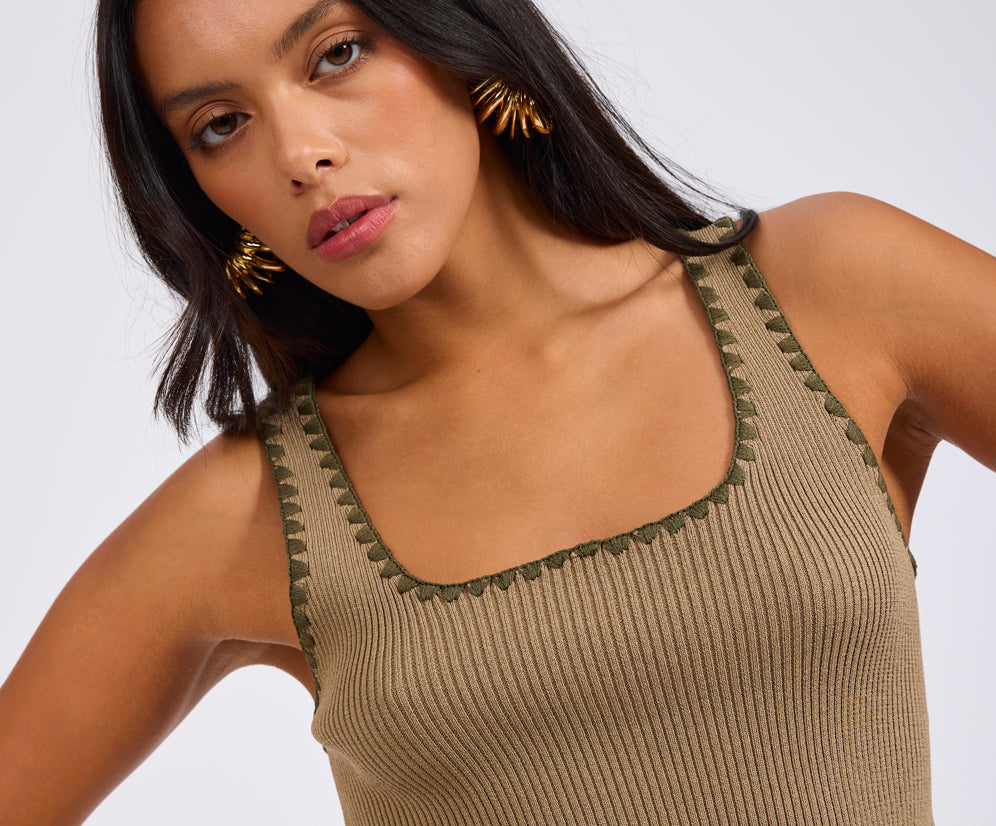 Knitted Scallop Tank Top - Khaki