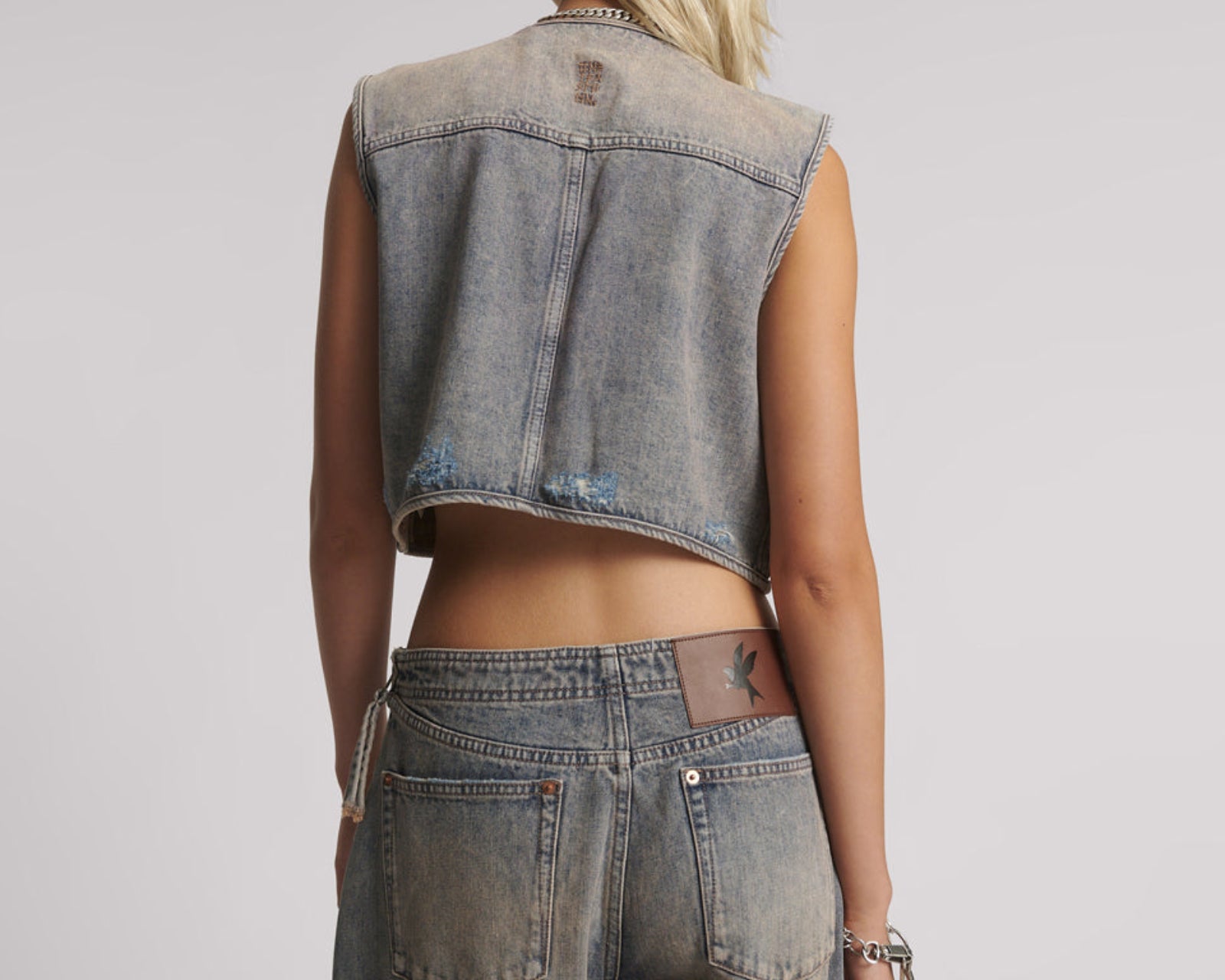 Cropped Denim Utility Vest - Island Blue
