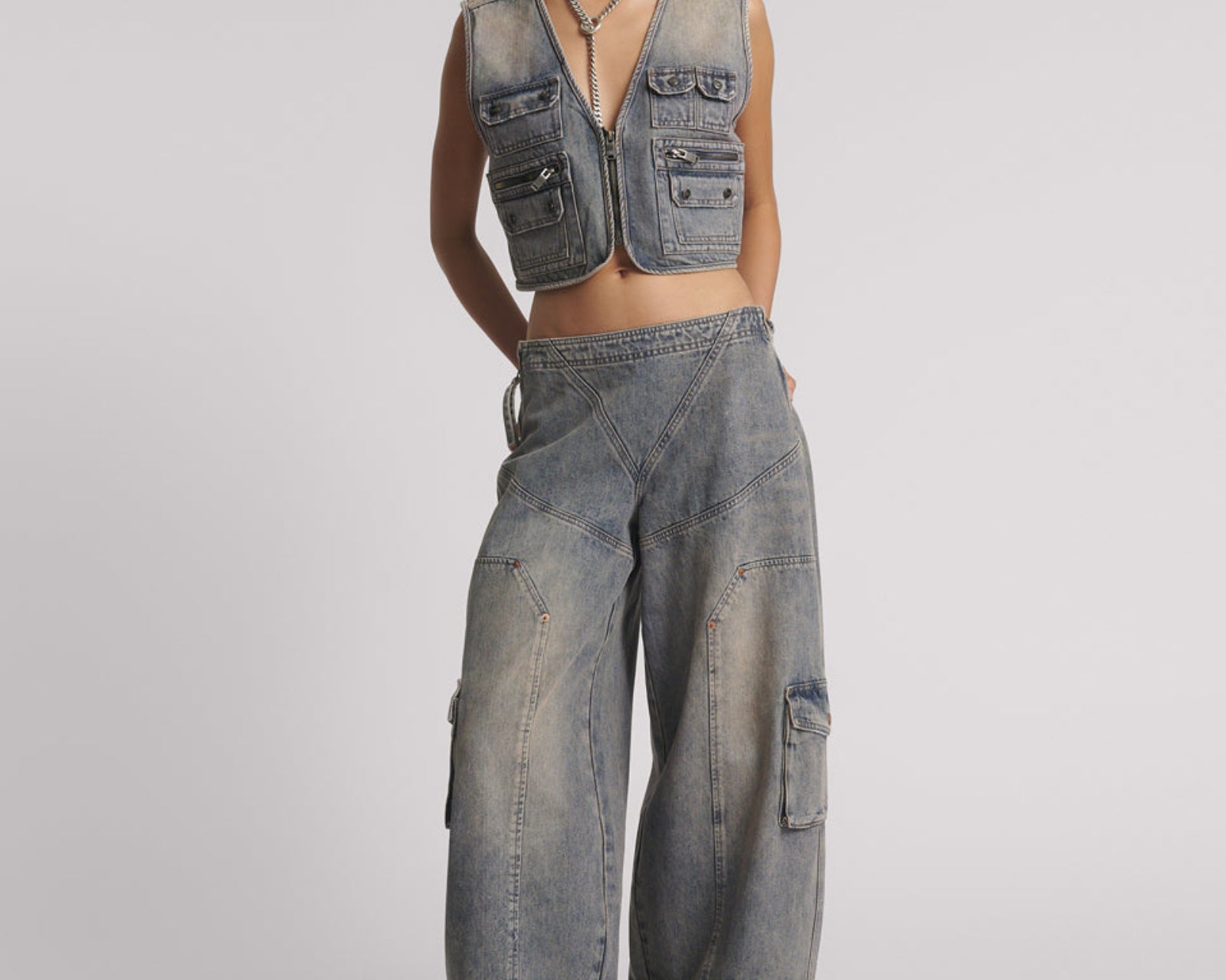 Cropped Denim Utility Vest - Island Blue
