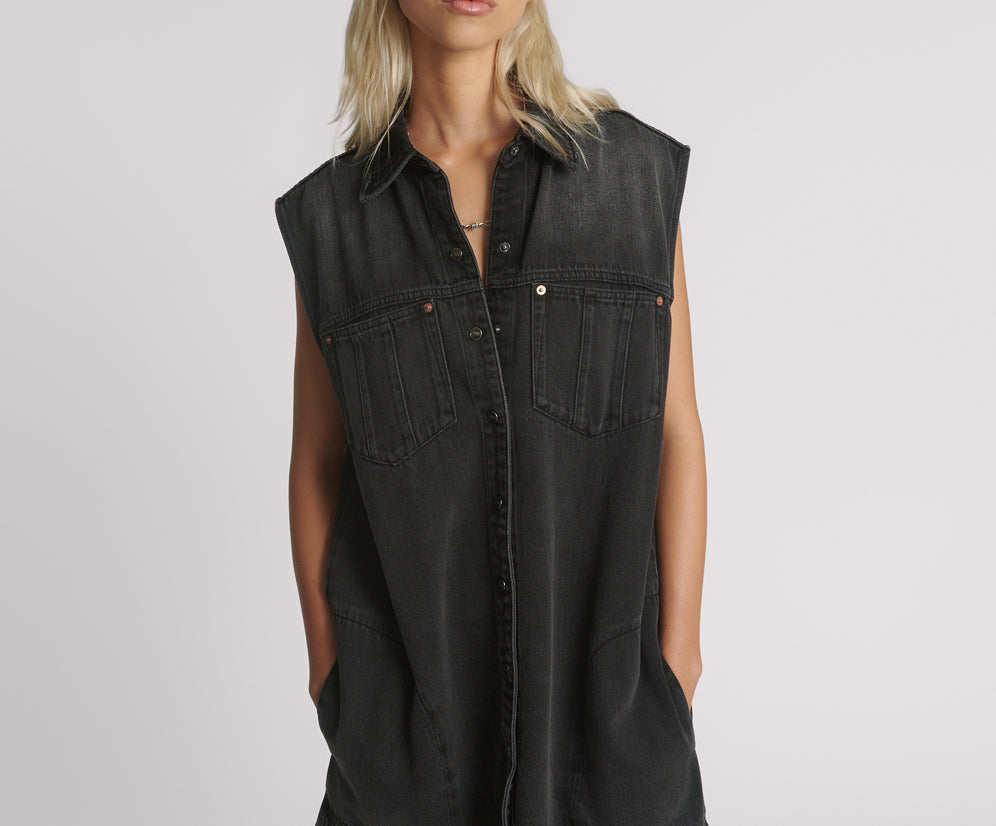 Sleeveless Mini Denim Shirt Dress - Faded Black