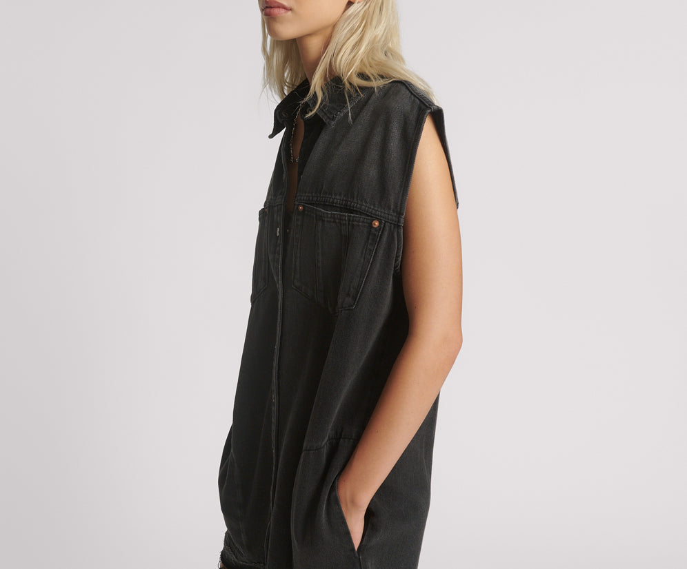 Sleeveless Mini Denim Shirt Dress - Faded Black