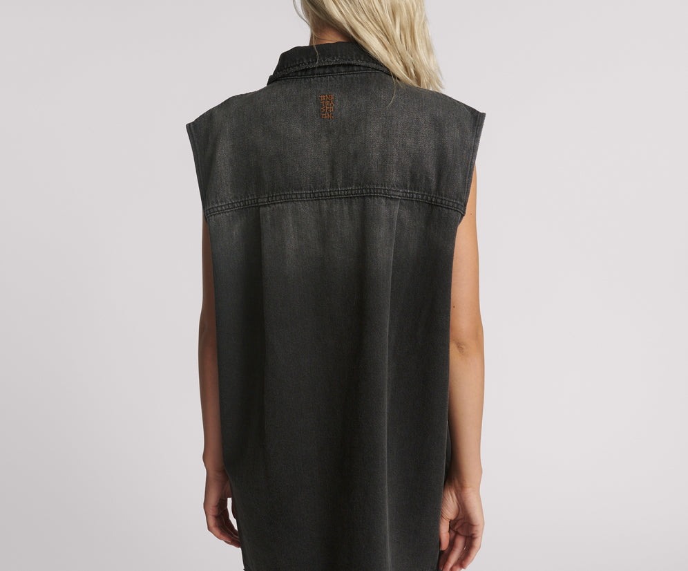 Sleeveless Mini Denim Shirt Dress - Faded Black