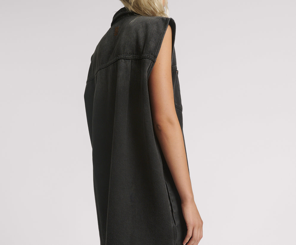 Sleeveless Mini Denim Shirt Dress - Faded Black