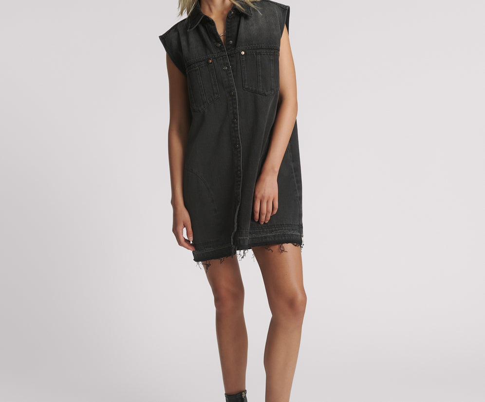 Sleeveless Mini Denim Shirt Dress - Faded Black
