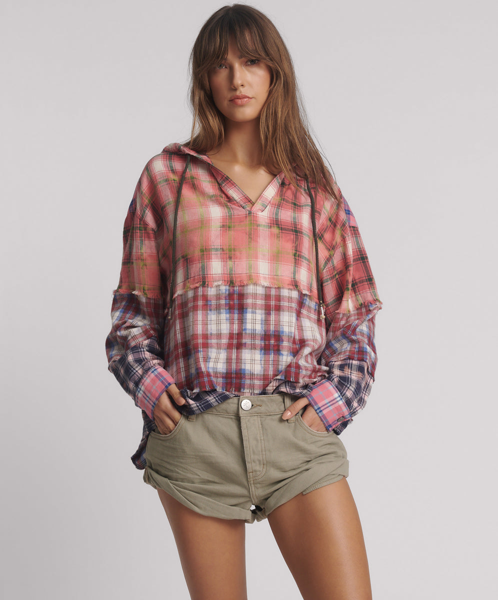 Products Flannel Acid Wash Hooded Shirt - Multi