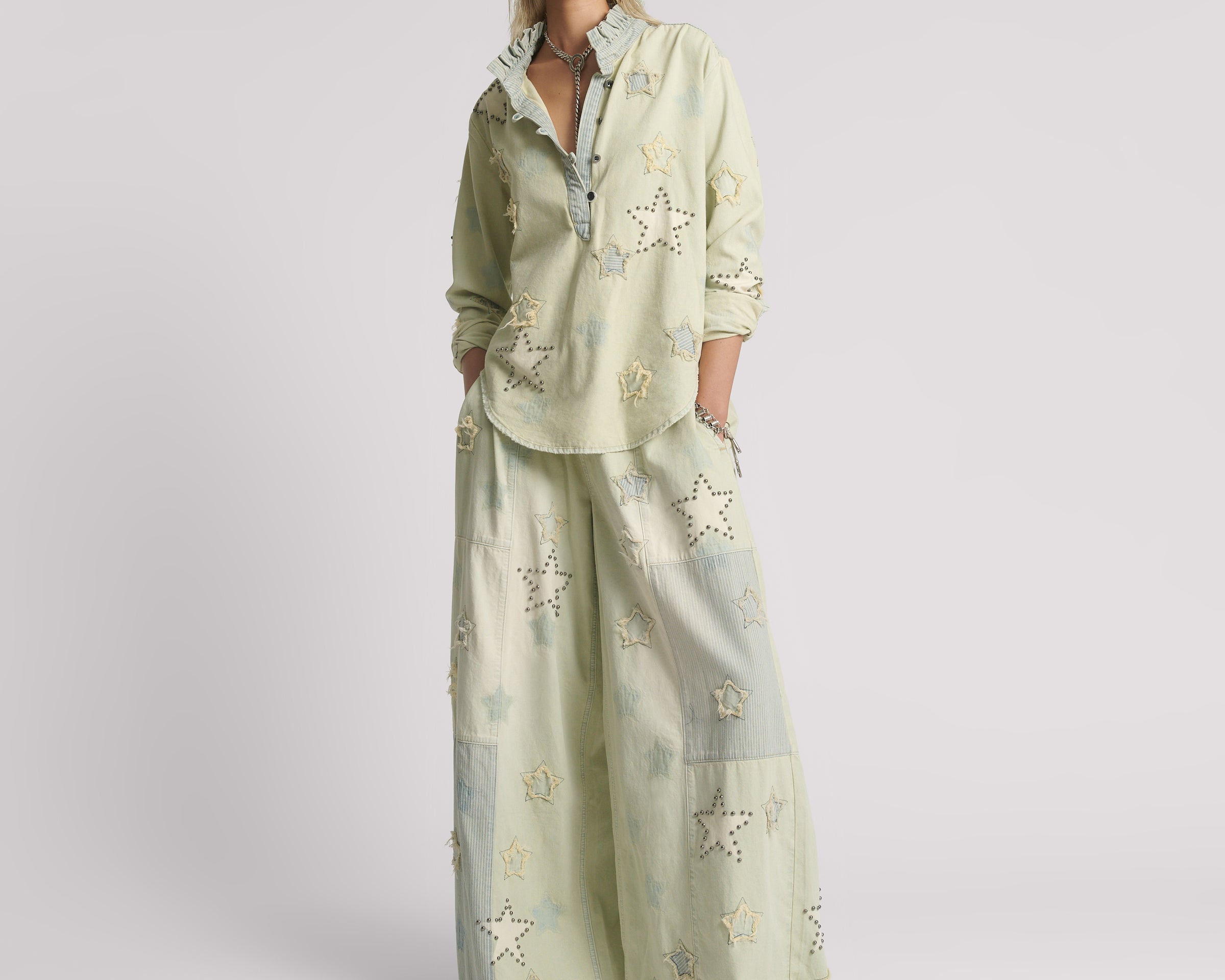 Palazzo Mid Waist Denim Jeans - SUNDAE