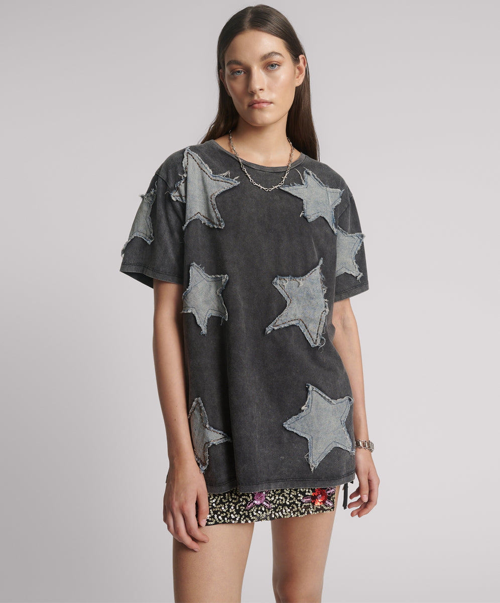 Products Denim Star Hand Embellished Boyfriend Tee - Charcoal