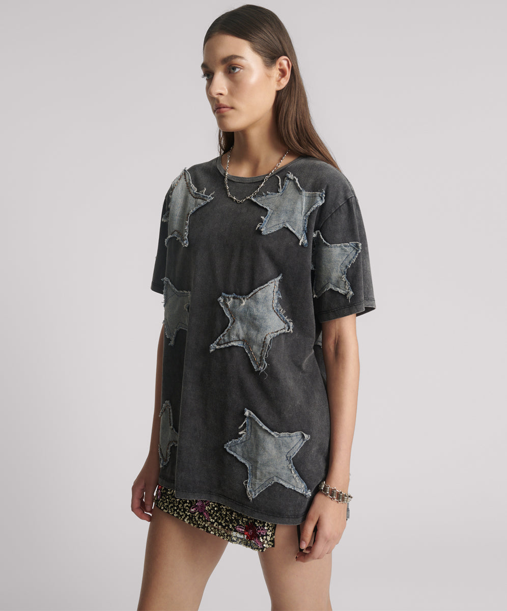 Products Denim Star Hand Embellished Boyfriend Tee - Charcoal