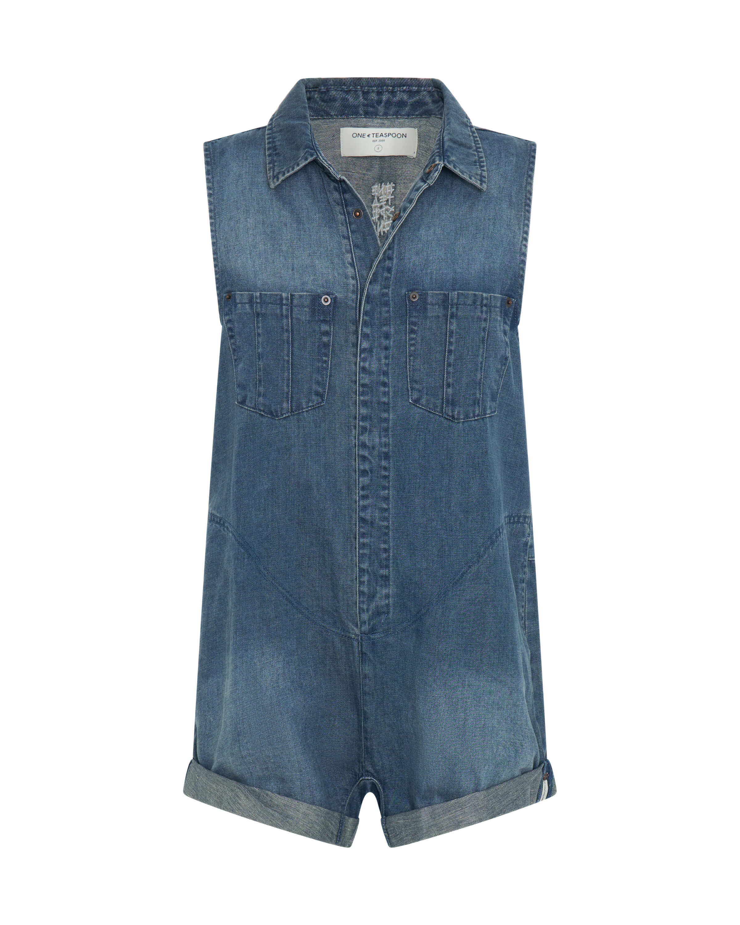 Braxton Mini Hemp Heart Cutout Denim Jumpsuit - Faded Blue | One