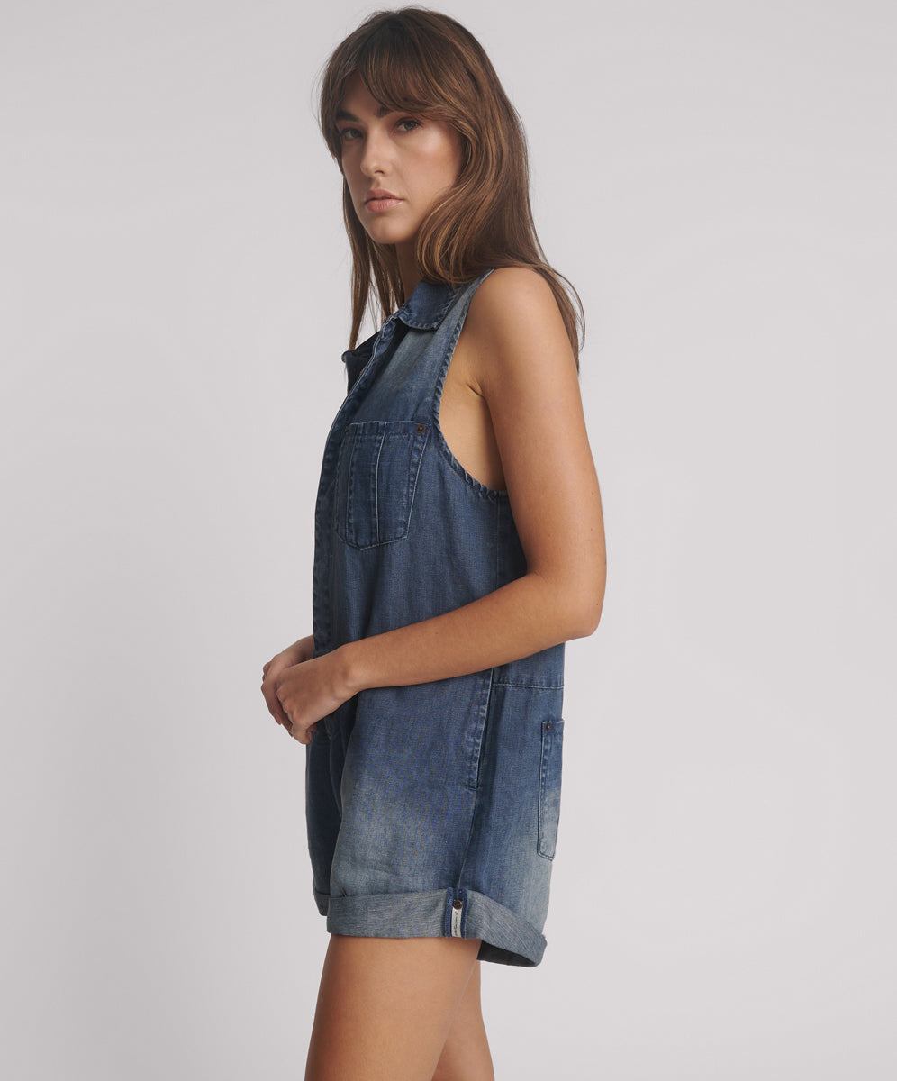Braxton Mini Hemp Heart Cutout Denim Jumpsuit - Faded Blue | One