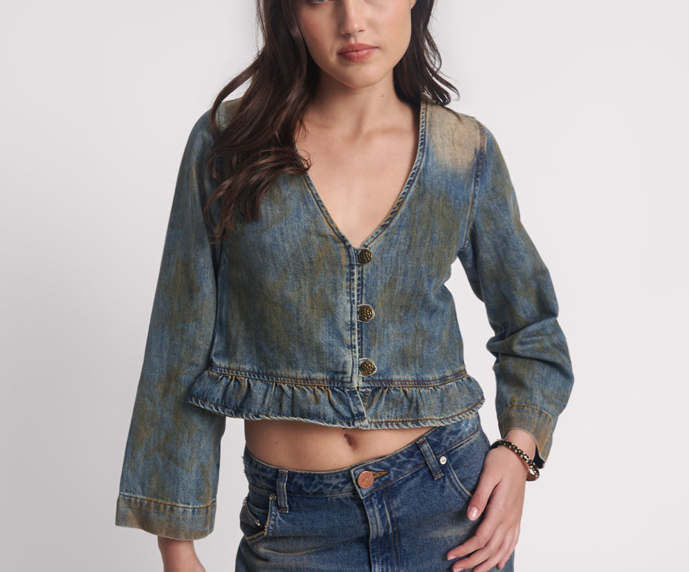 Denim Frill Backless Crop Top - Lucia Blue