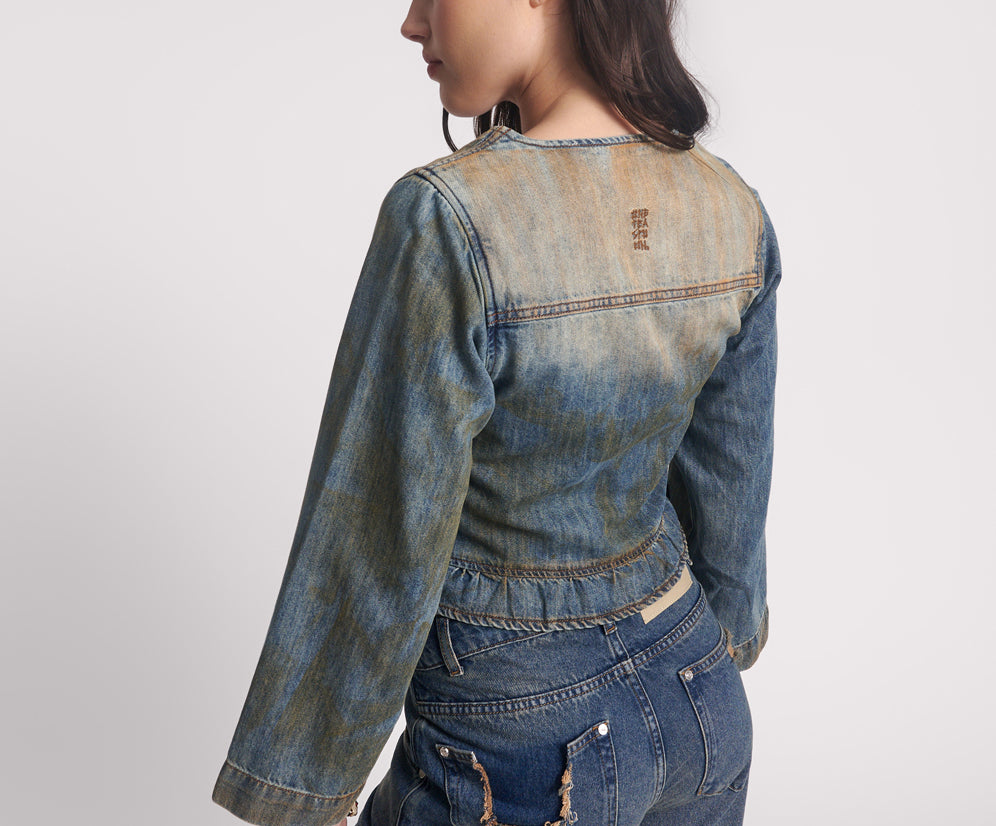 Denim Frill Backless Crop Top - Lucia Blue
