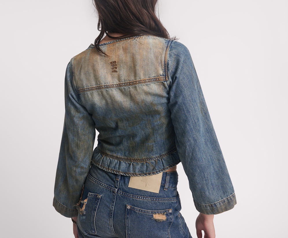 Denim Frill Backless Crop Top - Lucia Blue