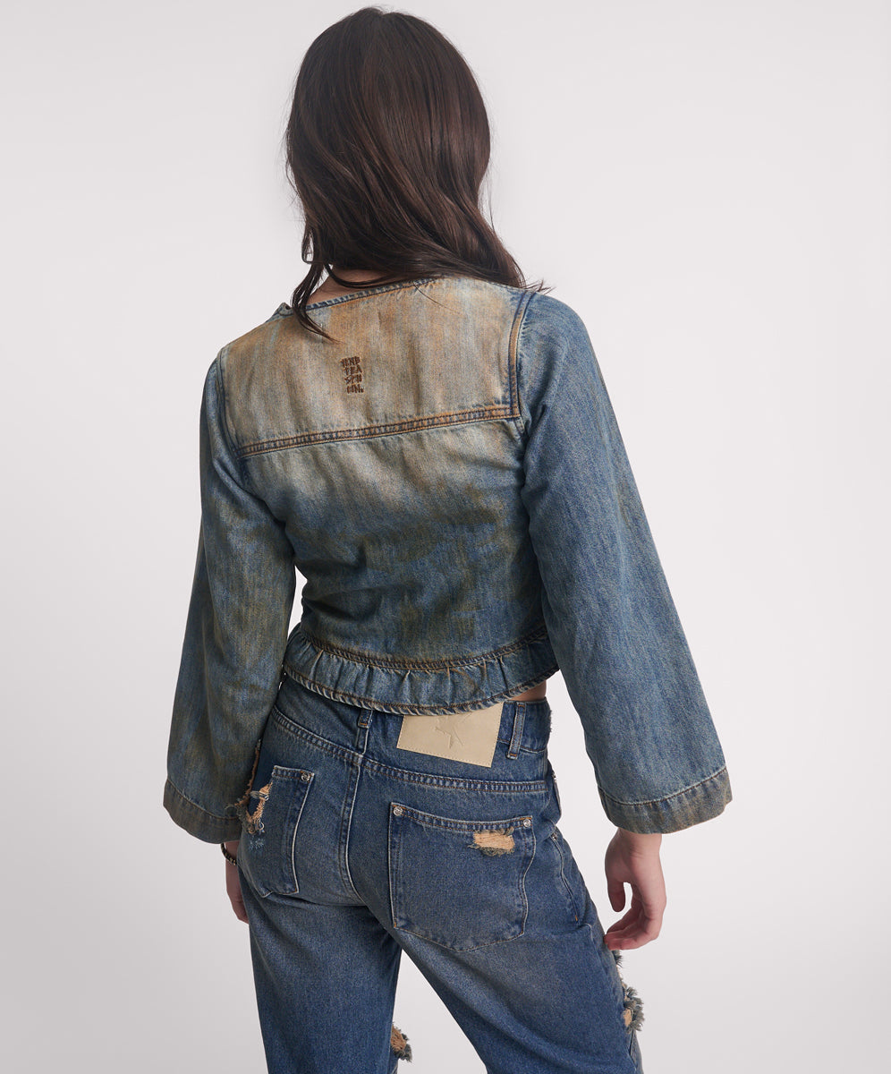 Women's Denim Tops Online Denim Frill Backless Crop Top - Lucia Blue