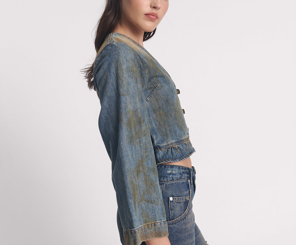 Denim Frill Backless Crop Top - Lucia Blue