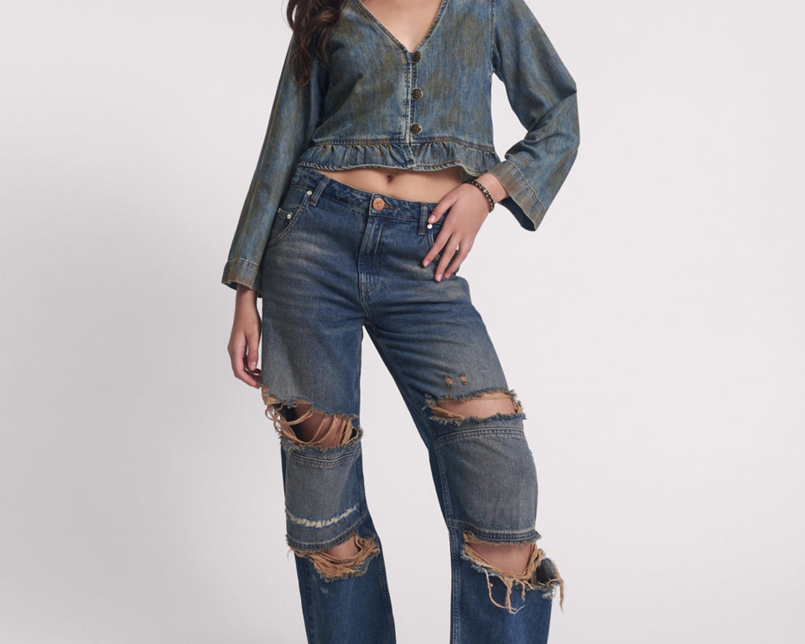 Denim Frill Backless Crop Top - Lucia Blue