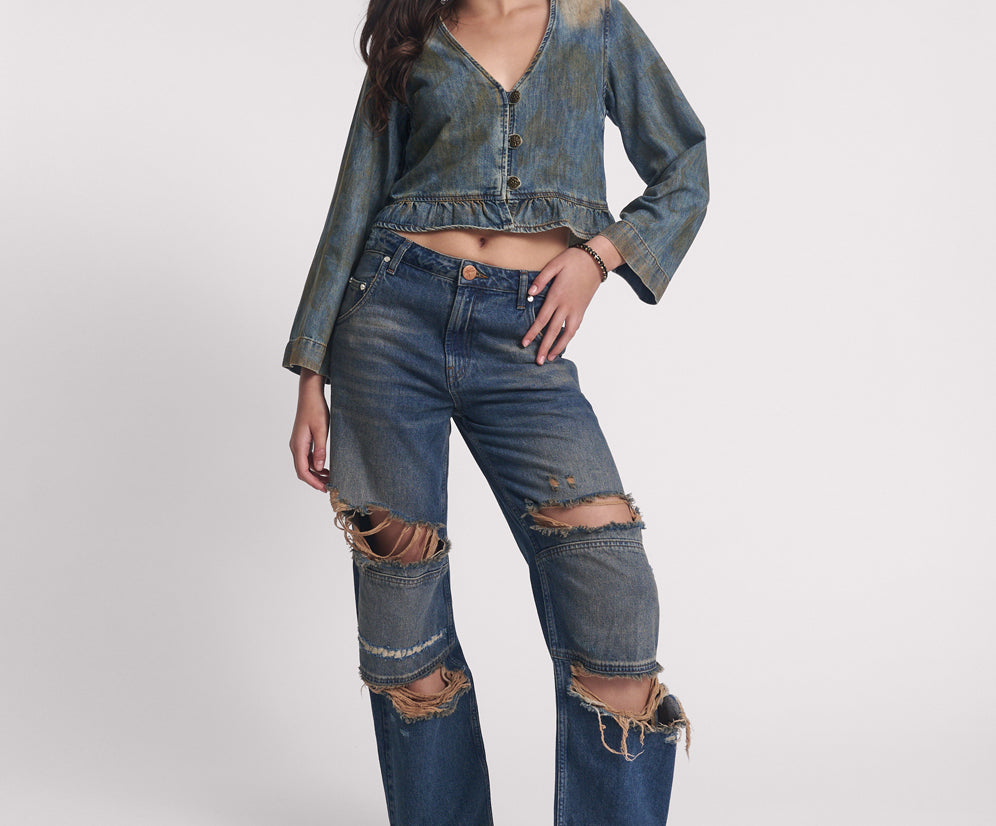 Denim Frill Backless Crop Top - Lucia Blue