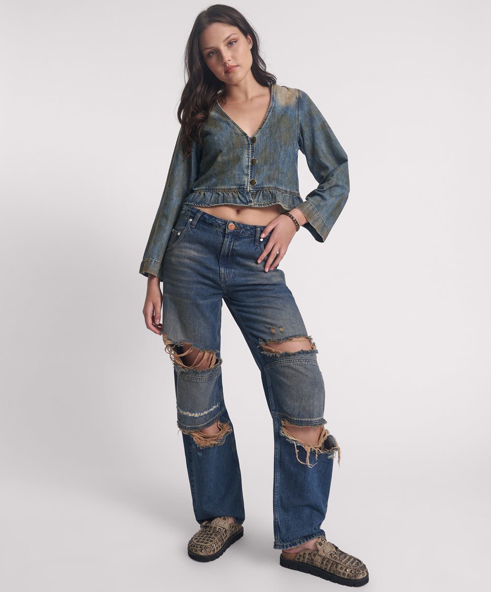 Women's Denim Tops Online Denim Frill Backless Crop Top - Lucia Blue