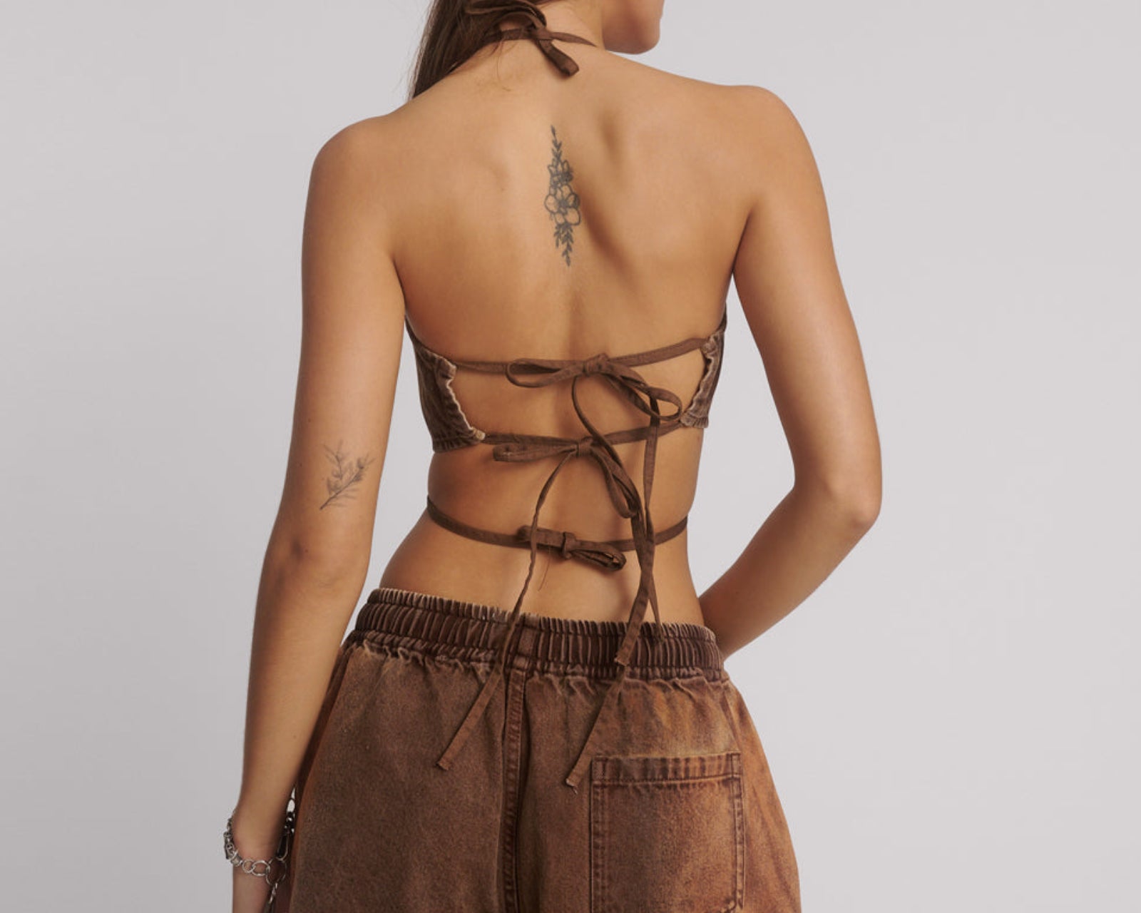 Denim Cowgirl Backless Crop Top - Ranch Brown