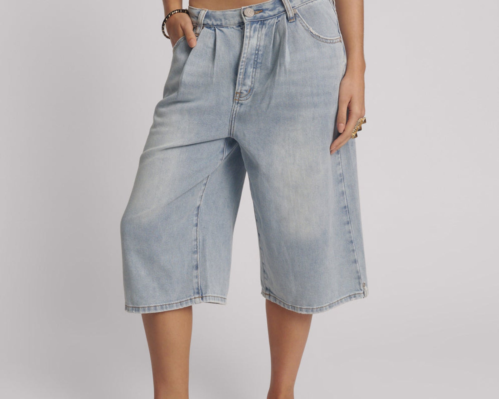Beastie Low Waist Wide Leg Denim Jorts - Soft Blue