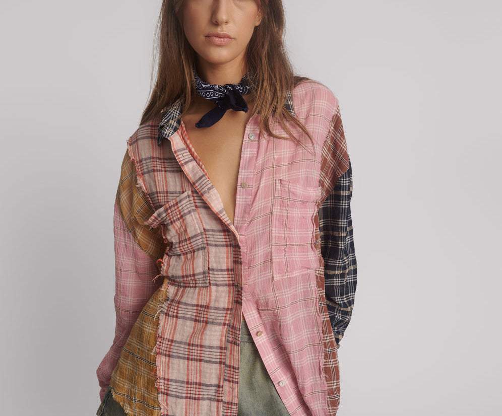 Panelled Check Oversized Cotton Shirt - Multi