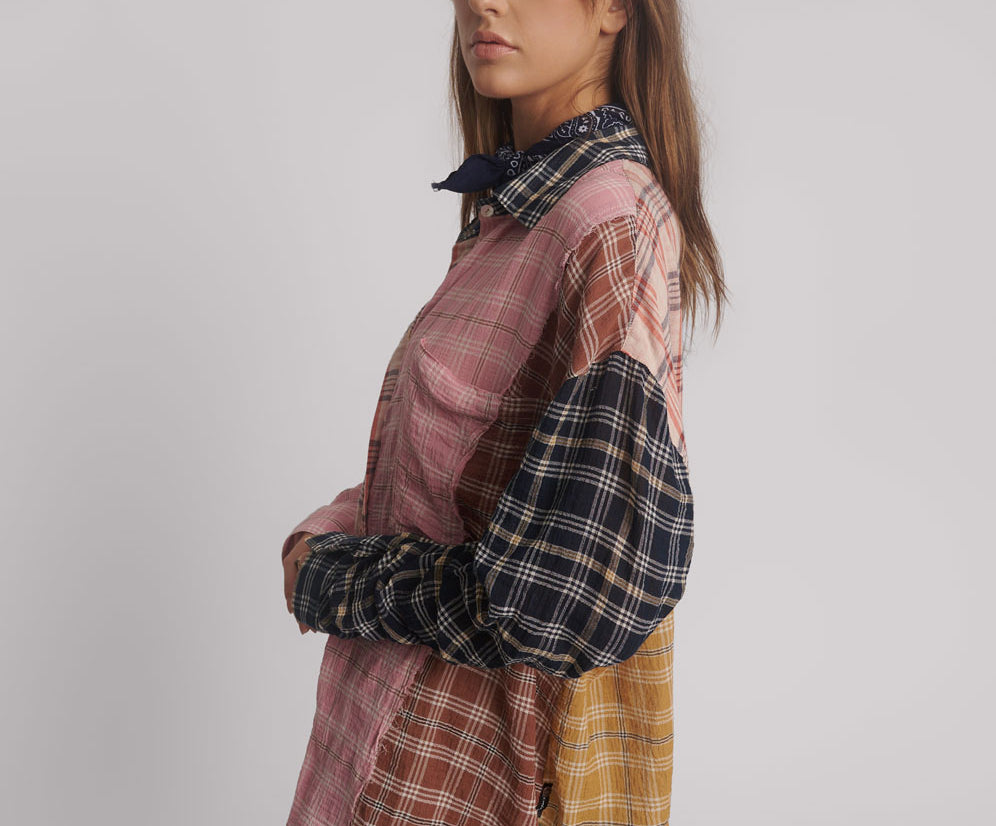 Panelled Check Oversized Cotton Shirt - Multi