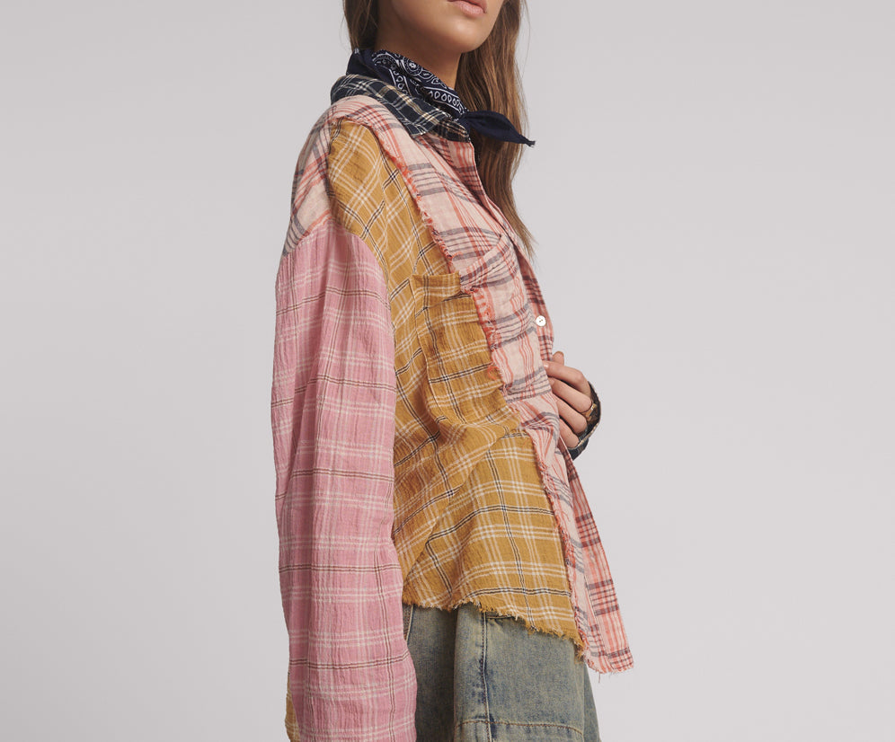 Panelled Check Oversized Cotton Shirt - Multi